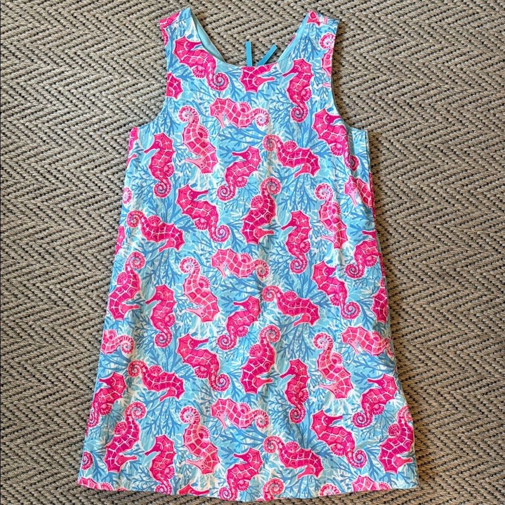 Seahorse Print Sleeveless Shift Dress - Blue & Pink